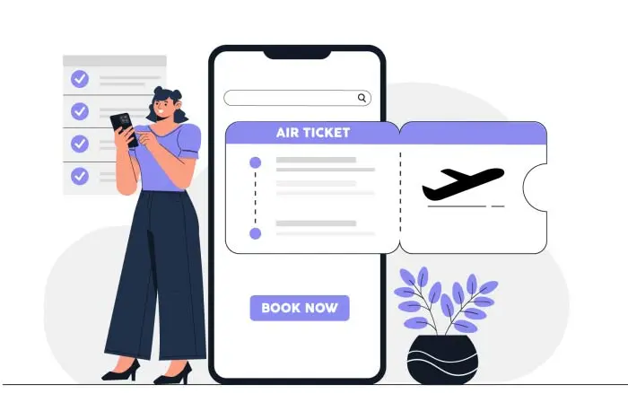 Girl with Smartphone Booking Flight Ticket 2D Vector Character Illustration